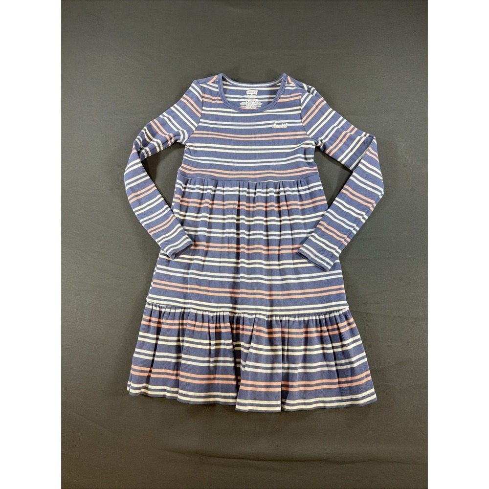 Levis Womens Blue Pink Striped Tiered Ribbed Cotton Long Sleeve Dress Small